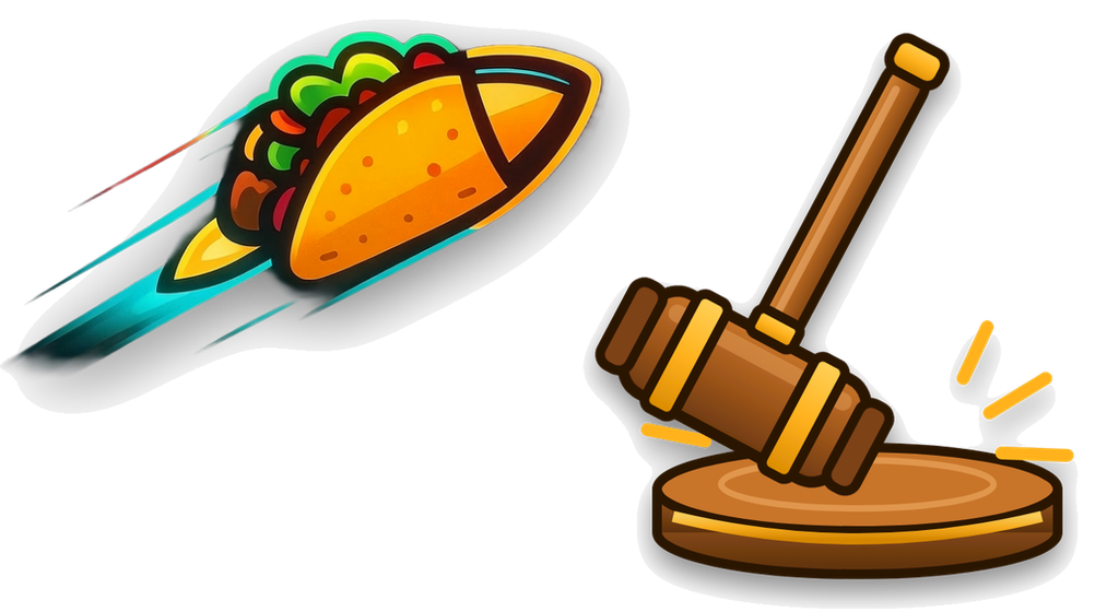 The TacoNet taco beside a gavel striking its block